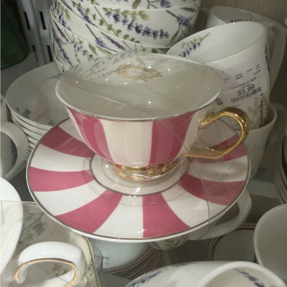 4 Pink and White Striped Tea Cup & Saucer with Gold Handle